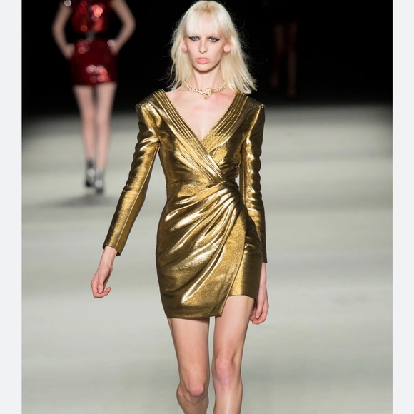 YSL, Saint Laurent 2014 Runway Gold Lamé Long Sleeves Mini Dress - Picture 6 of 7
